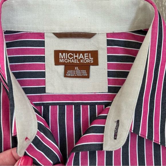 Michael Kors Men’s Striped Button Down Shirt Pink Grey White Cotton XL - Picture 3 of 8